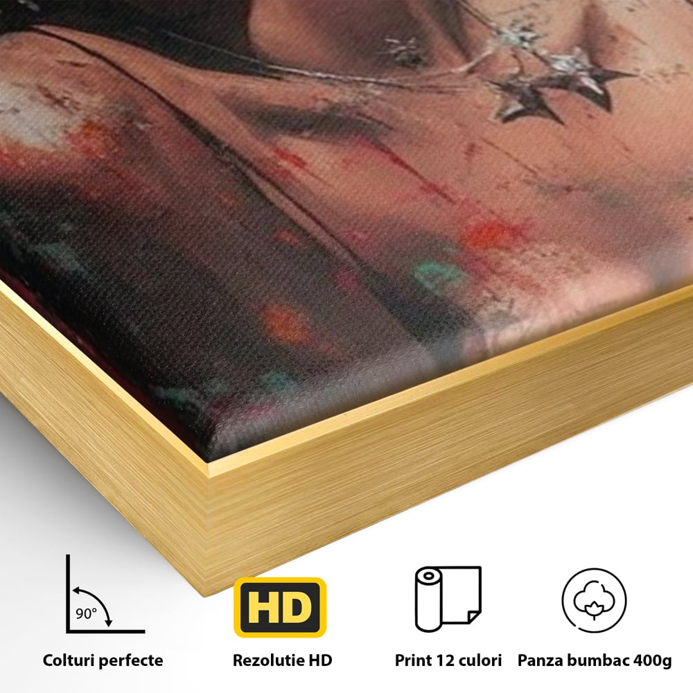Detaliu al suprafetei: tablou canvas cu portret pop art blonda buze rosii, in rama de aluminiu auriu